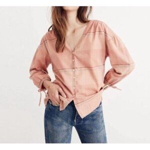 Madewell Top Womens Medium Orange Plaid V Neck Button Up Puffy Sleeve Boho Boxy